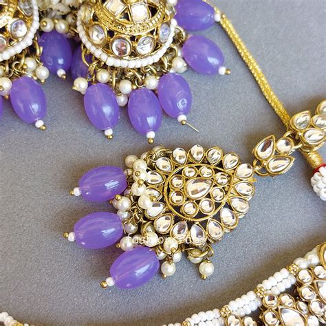 Lavender Color Bridal Kundan Jewellery Set Fashioncrab