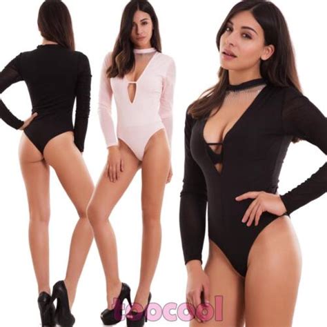 Body Donna Scollo V Profondo Collare Catenelle Maniche Lunghe Velate