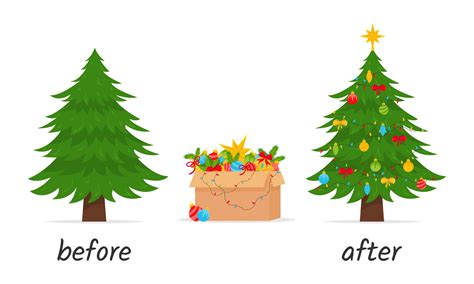 Christmas Tree Before And After Decoration Jewelry Box Vector