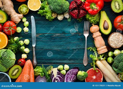 Healthy Organic Food On A Blue Wooden Background Stock Image Image