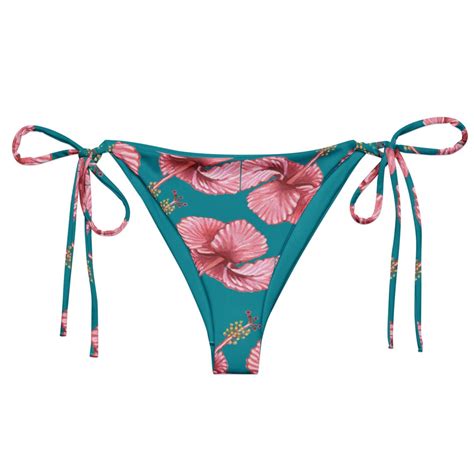 Hibiscus Flower String Bikini Bottom Tropical Turquoise Floral Print