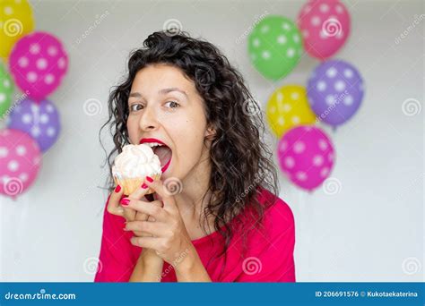 Happy Birthday Brunette Girl Posing With Balloons Fireworks Colorful