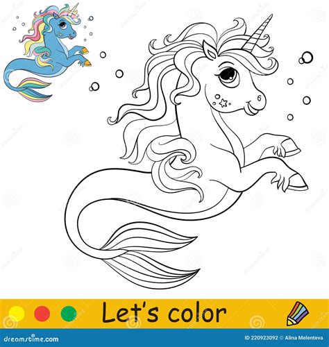 Dibujos Animados Lindo Mar Unicornio Con Burbujas Para Colorear