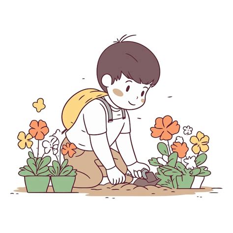 Un niño lindo plantando flores en el jardín Vector Premium