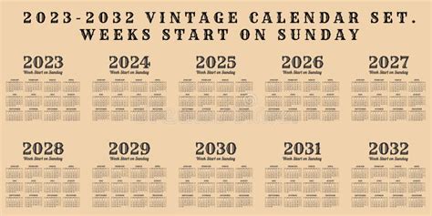 Vintage Style Calendar Set For Years 2023 2032 Stock Vector