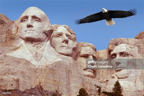 Bald Eagle Flying Free Above American Monument Mount Rushmore