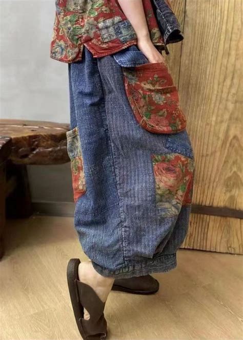 Stylish Blue Pockets Print Elastic Waist Patchwork Linen Harem Pants