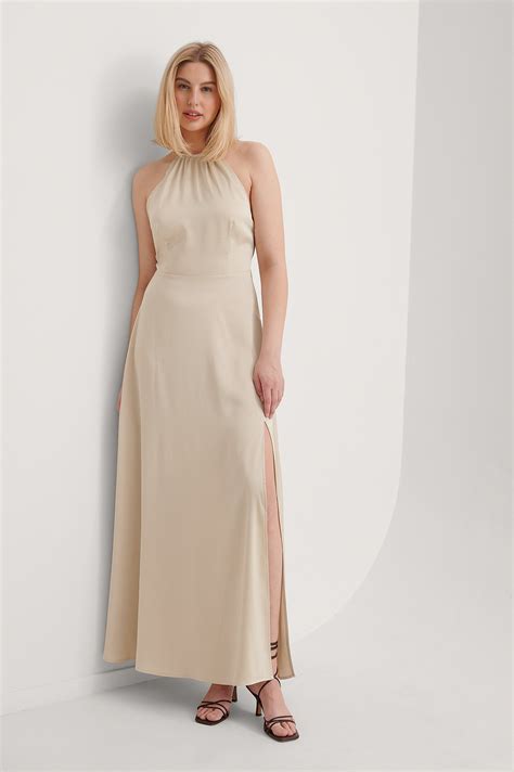 Open Back Slit Maxi Dress Beige Na Kd