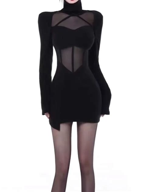 Qweek Sexy Black Mesh Mini Dress Women Bodycon Wrap Slim Short Dresses