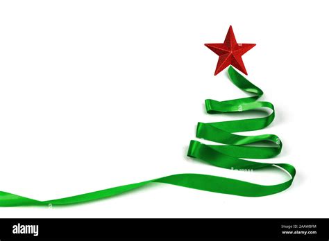 Stylized Green Ribbon Christmas Tree With Red Star Isolated On White