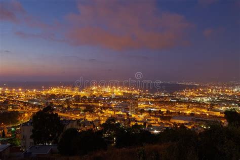 Haifa City, Night View Aerial Panoramic Landscape Photo Stock Image ...