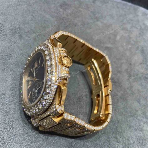 Artificial Diamonds Round Patek Philippe Two Tone Blue Dial Diamond