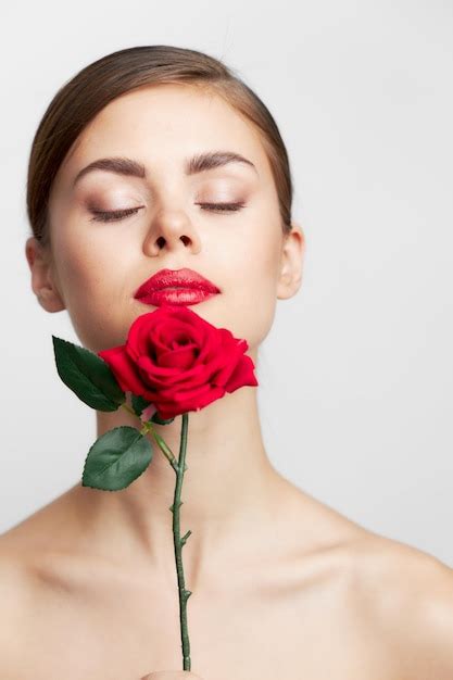 Premium Photo Lady With Rose Closed Eyes Flower Near The Face Cute Face