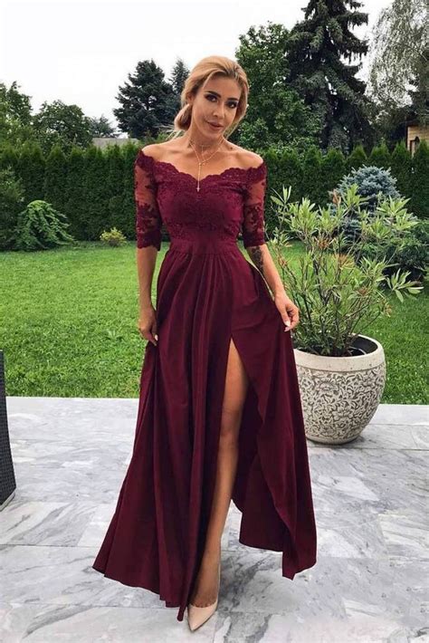 Off The Shoulder Half Sleeve Burgundy Modest Prom Dressbridesmaid