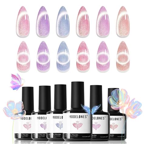 Modelones Holographic Glitter Cat Eye Gel Nail Polish Kit 6 Colors With Magnet