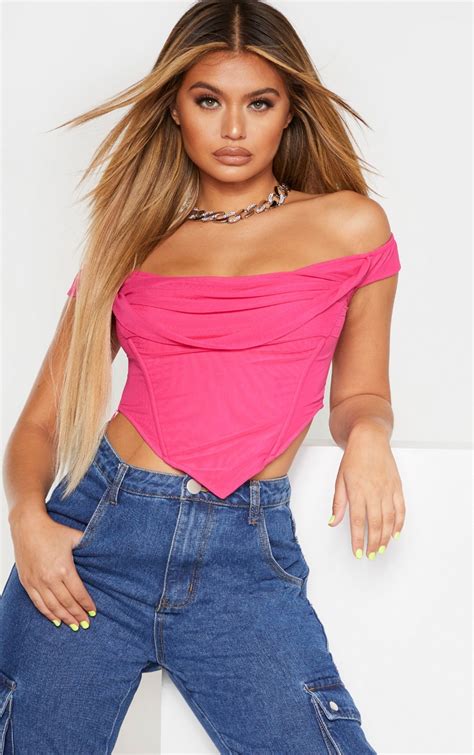 Hot Pink Corset Bardot Top Tops Prettylittlething Uae