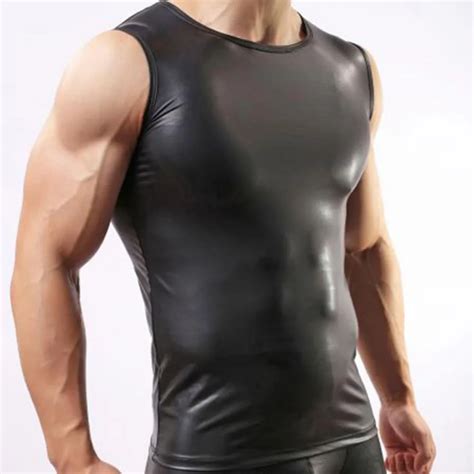 Sexy O Neck PU Leather Tank Tops Sleeveless Shirts Men Imitatiion Faux