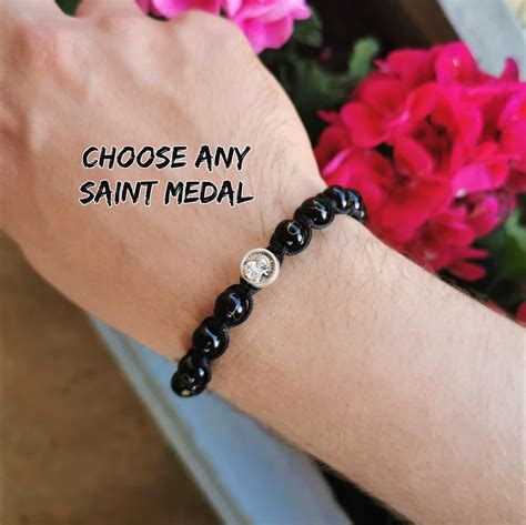 Beaded Black Saint Bracelet Catholic Bracelet Men Black Etsy