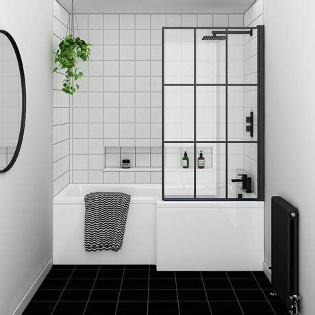 Arezzo Shower Bath 1700mm L Shaped With Matt Black Grid Screen