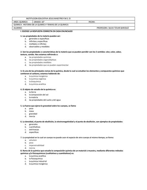 Cuestionario De Quimica Ramas De La Qca A Y B Er Periodo