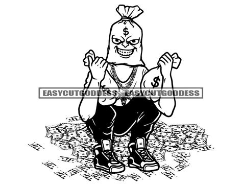 Gangster Money Bag Head Man Cartoon Character Bragging Showing Etsy