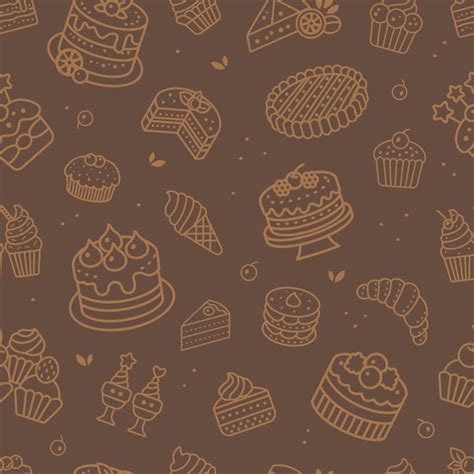 Patrón Sin Costuras De Pasteles Y Pasteles En Ilustración Vectorial De Fondo Marrón Vector Premium