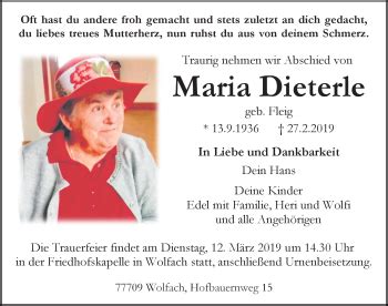 Traueranzeigen von Maria Dieterle Schwarzwälder Bote Trauer