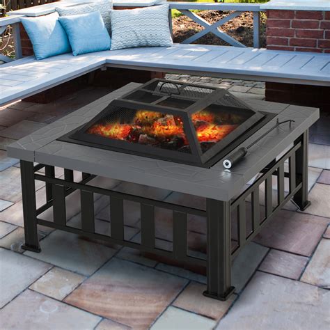 Outsunny Fire Pit Heater Square Table Patio Backyard Metal Black Cm