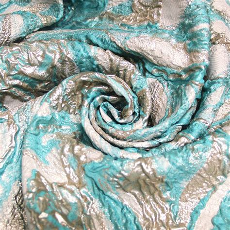 Tissu Brocart Marbrure Argent Turquoise Fond Gris Vendu Au M Tre