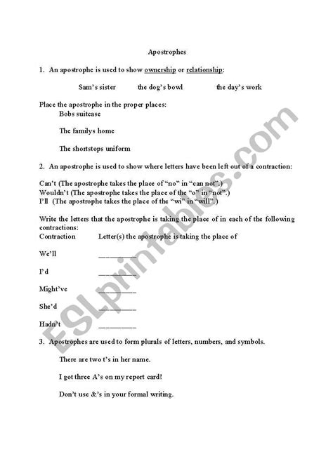 English Worksheets Intruduction To Apostrophes