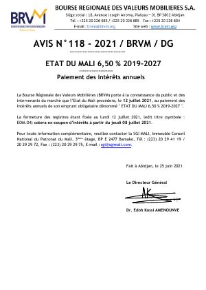 Avis N118 2021 BRVM DG Paiement des intérêts annuels ETAT DU MALI