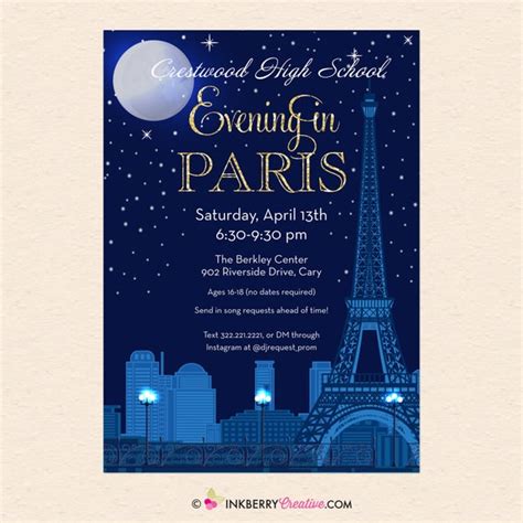 Evening in Paris Prom, Party Invitation, Paris Theme Invite, Eiffel ...