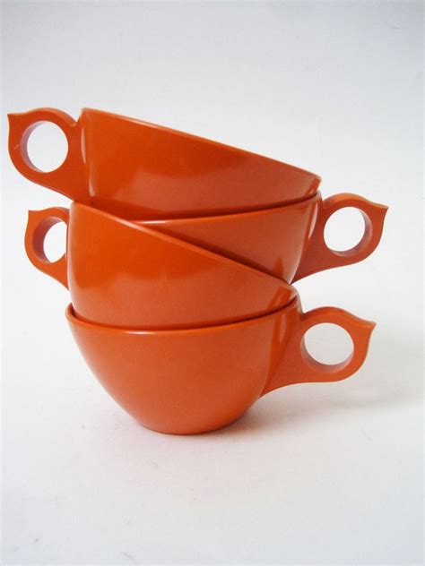 Vintage Orange Melamine Coffee Mugs Set of 6