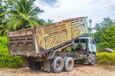 Old Dirty Trucks Dump Truck On Construction Site Phuket Thailand