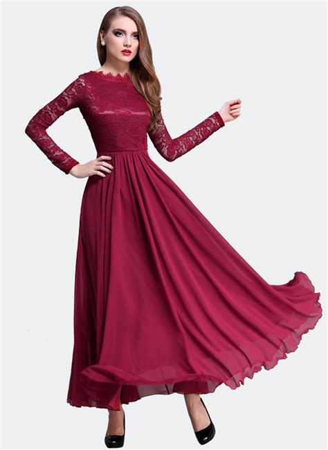 Maroon Lace Chiffon Maxi Dress With V Back And Eyelash Details Rm310