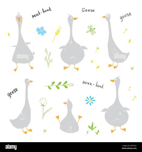 Goose Doodles Set Cute Geese Sketch Hand Drawn Cartoon Vector