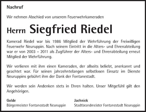 Traueranzeigen von Siegfried Riedel Märkische Onlinezeitung Trauerportal