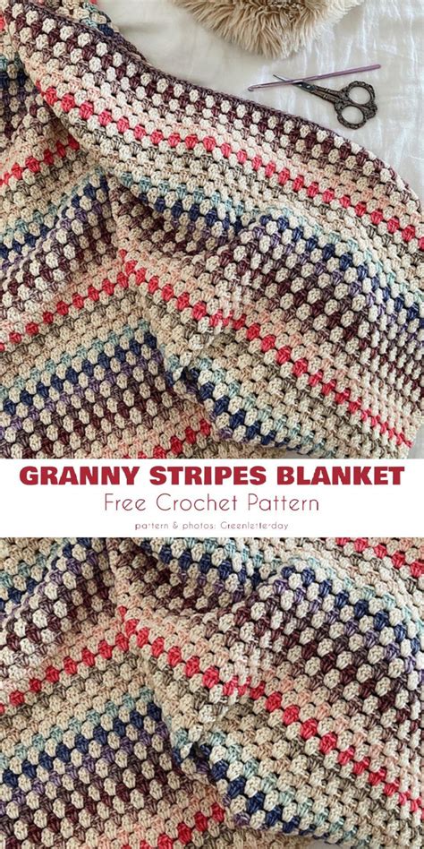 The Crochet Granny Stripe Blanket Is Laying Next To A Pair Of Scissors