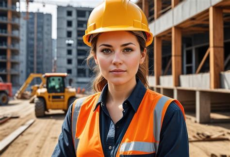 A Woman Wearing A Hard Hat And An Orange Vest Stands In Front Of A