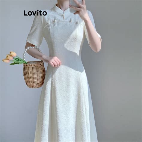 Lovito Casual Plain Jacquard Dress For Women LNE36080 Apricot Gaun