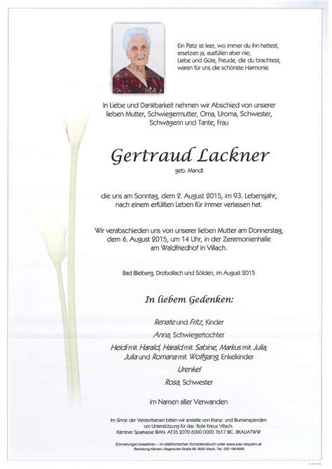 Parte für Gertraud Lackner pax requiem