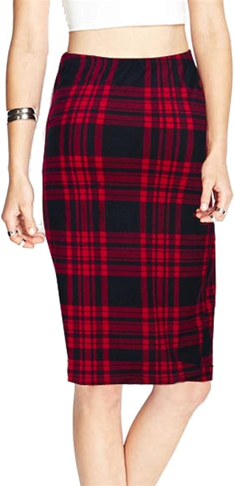 TEERFU Womens High Waist Plaid Bodycon Stretchy Elastic Office Midi