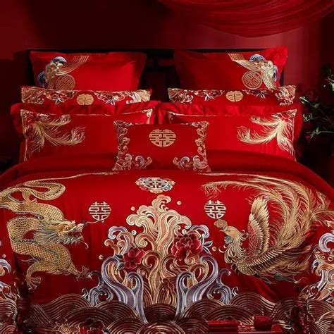 Top Chinese Dragon Phoenix Embroidery Red Bed Sheet Luxury Wedding