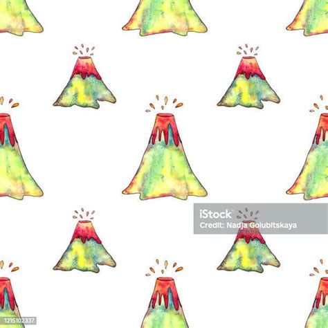 Hand Drawn Watercolor Volcanos Eruption Seamless Pattern On White