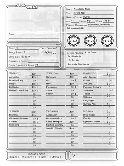 Star Wars Character Sheet Form Fillable Printable Forms Free Online