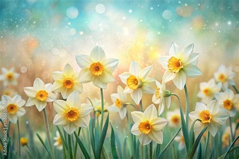 Whimsical Illustration Of A Field Of Daffodils In Soft Pastel Shades