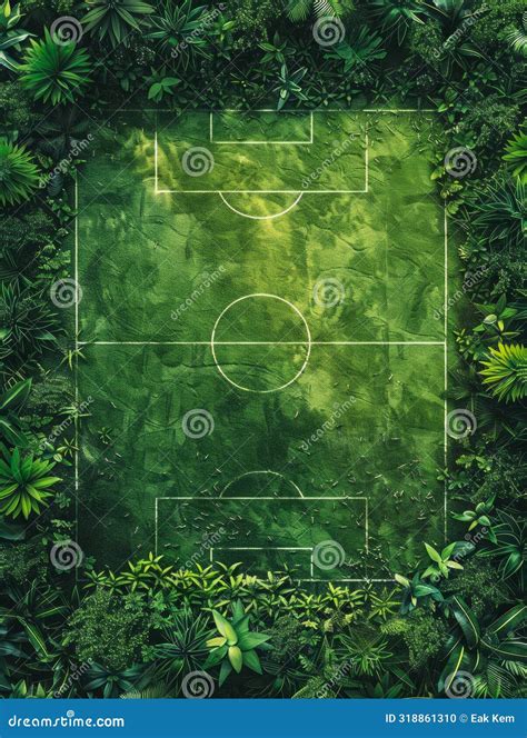 Aerial View of Soccer Field Embedded in Lush Green Jungle Nature and