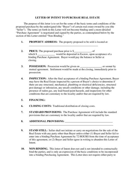 Real Estate Intent To Purchase Agreement Non Binding Letter Of Intent