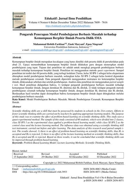 Pdf Pengaruh Penerapan Model Pembelajaran Berbasis Masalah Terhadap