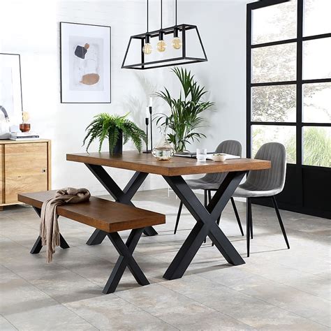 Franklin Industrial Dining Table Bench 2 Brooklyn Chairs Dark Oak